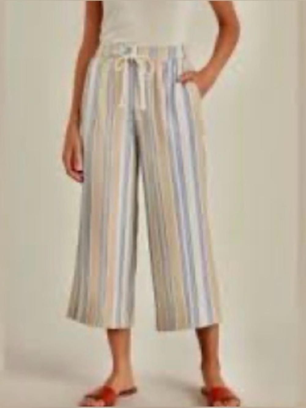 J. Jill Wide Leg Cropped Pants Size Small Tall Stripe Linen Rayon Tan Blue